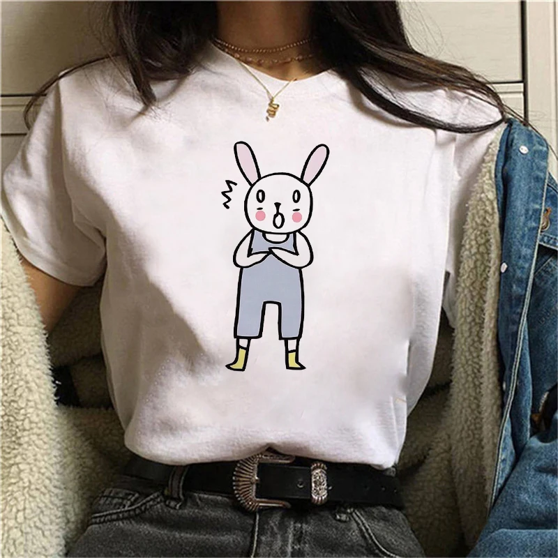 

Cartoon Rabbits T-shirt Short Street clothing Women Summer Casual O-neck Tee Shirts Female Graphic T-shirts White Tees Tops