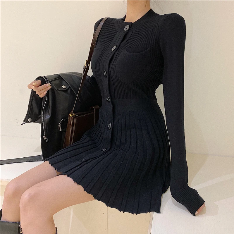 Весеннее вязаное плиссированное платье-свитер женское элегантное платье с
