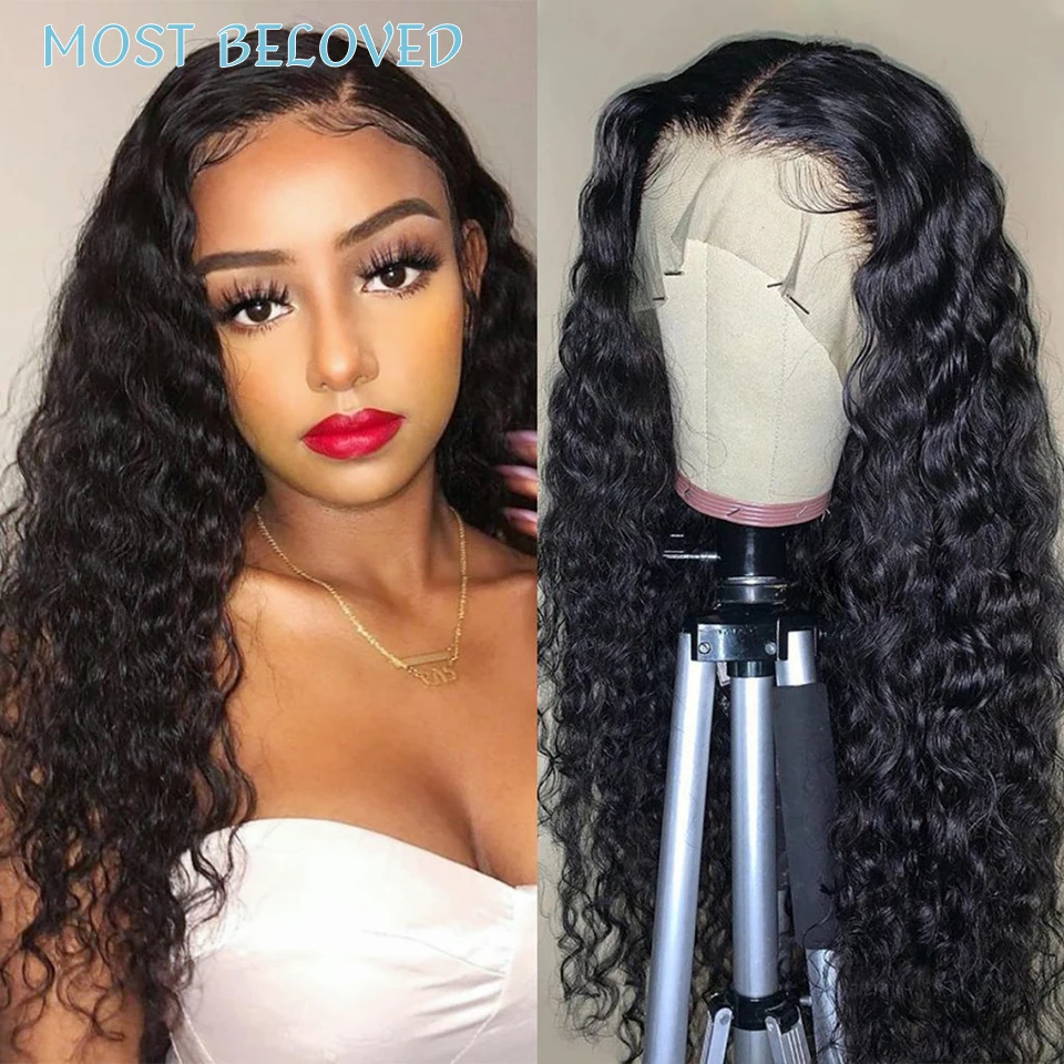 

Water Wave Curly Closure Lace Wig 4x4 Lace Closure Wig 150 Density Lace Front Wig Remy Water Wave HD Transparent Lace Wigs
