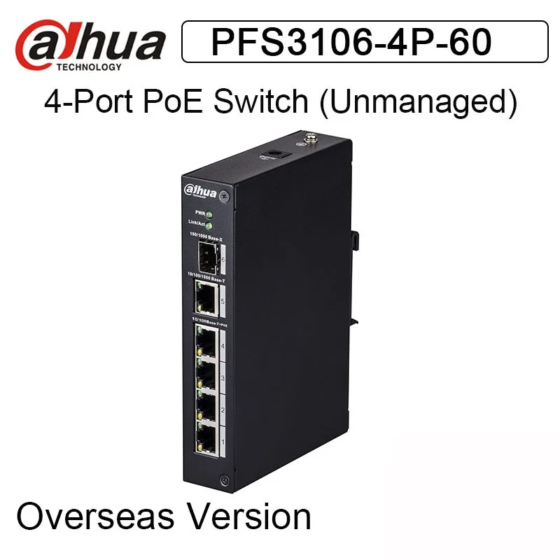 Коммутатор Dahua PoE с 4 портами и поддержкой не управляемый IEEE802.3af IEEE802.3at
