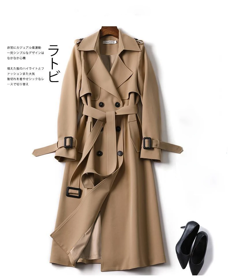 

Fashion Korean style oversized spring and autumn women's windbreaker double-breasted long belted office ladies windbreaker cloak