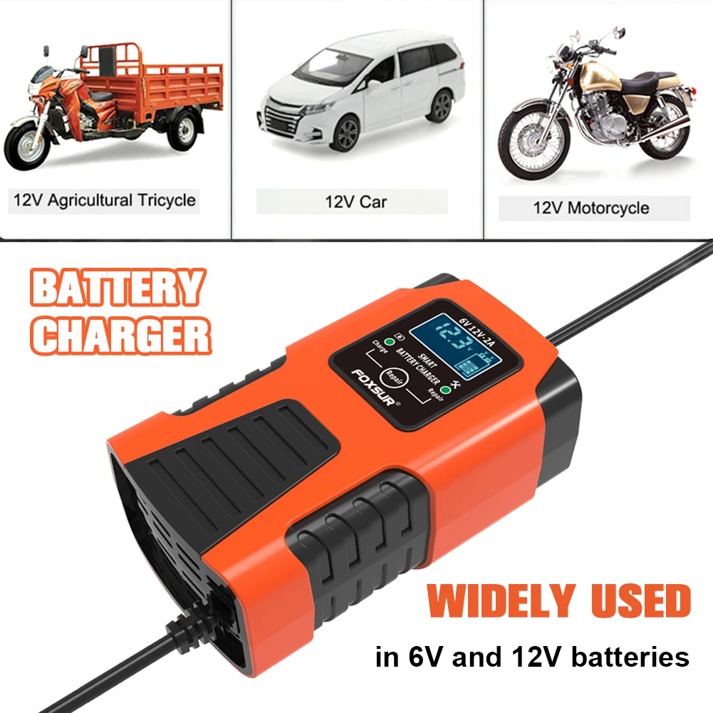 2A 6V/12V Battery Charger 3-Stage Fully Automatic Charging Multiple Protection Pulse Repair Battery Chargers for Car Motorcycle