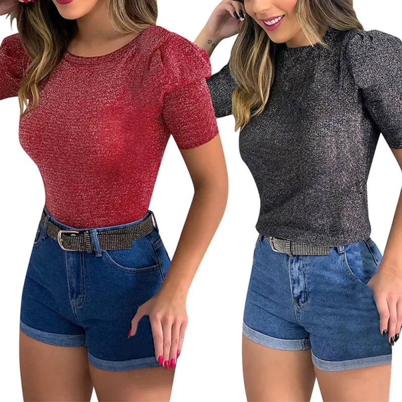 Женский топ облегающая футболка с круглым вырезом сплошной цвет повседневный