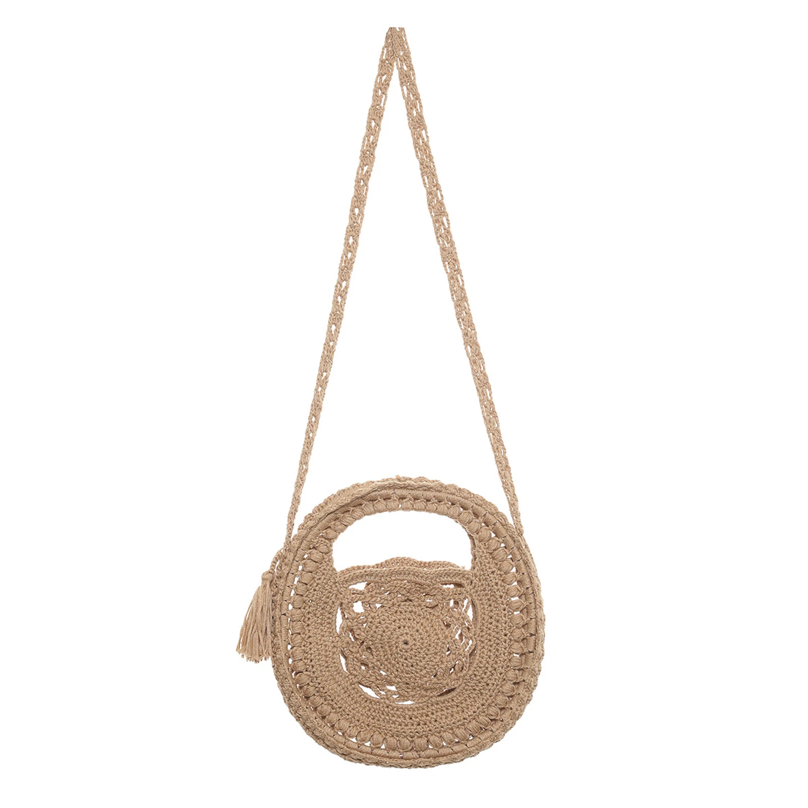 

2021 Women Handwoven Round Bag Beaches Bag Elegant Crochet Shoulder Purse Lightweight Hollow Handbag