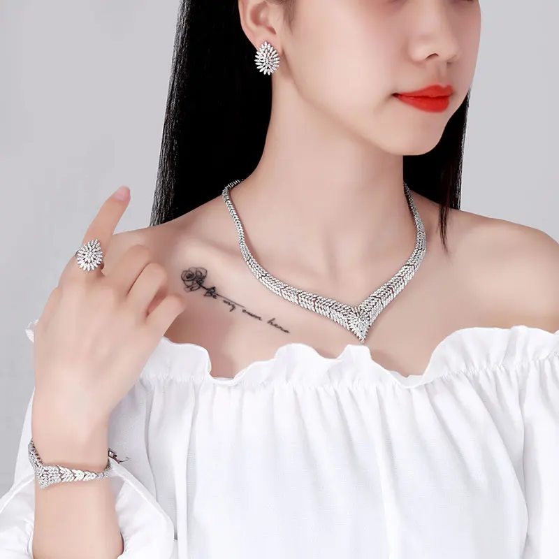 

Full CZ Dubai Necklace Earring 4pcs for Women Engagement Bridal Wedding Party Dress Jewelry bijoux femme