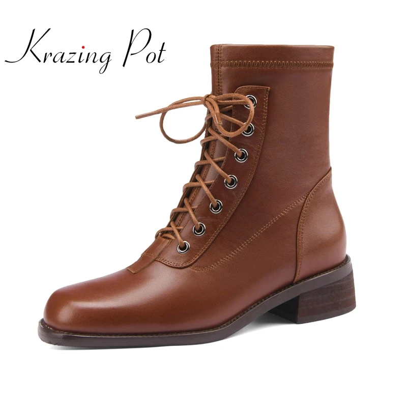 

Lenkisen 2022 Ретро мода Натуральная кожа круглый носок средний каблук перекрестная шнуровка ручной работы Высокое качество зимние базовые боти...