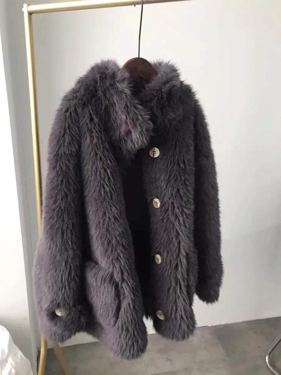 

Stay Warm Winter Stand Collar Hairy Shaggy Faux Fur Jacket Vintage Long sleeve Center Button Furry Coat Loose Mid Long Outerwear