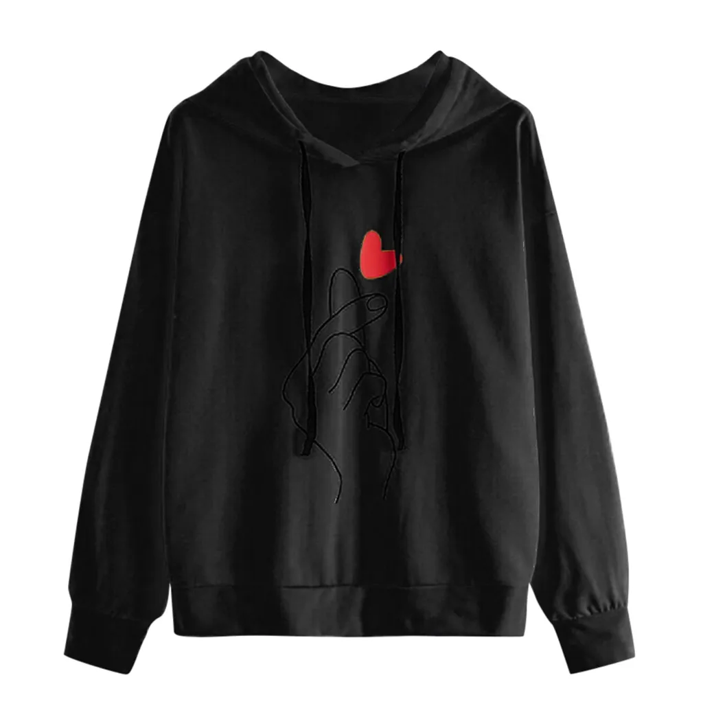 Черный Повседневный Свободный пуловер с круглым вырезом и принтом в виде сердца