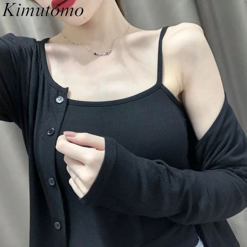 

Женский однотонный костюм Kimutomo, трикотажный топ с длинным рукавом и О-образным вырезом + тонкий стройнящий комплект из двух предметов в Коре...