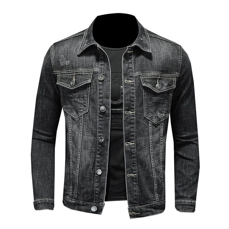 

Осень-зима 2021, джинсовое пальто, Мужская джинсовая куртка с лацканами, хлопковая утепленная облегающая мотоциклетная черная бомбер