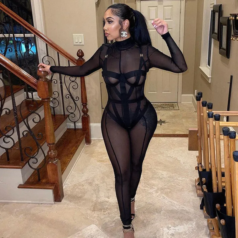 

Sexy See Through See Mesh Jumpsuit Women Fashion Mock Neck Full Sleeve One Piece Playsuit Sexy Midnight Overall Party Streetwear