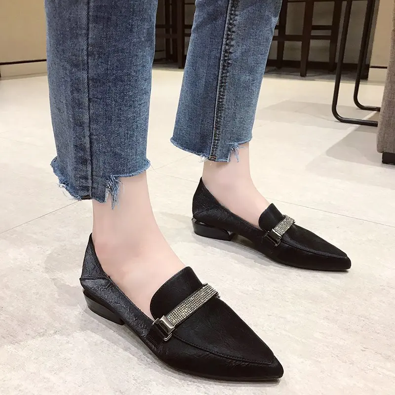 

Shoes Woman 2021 All-Match Pointed Toe Casual Female Sneakers Low Heels Flats Oxfords Autumn Modis New Dress Leather Fall Black