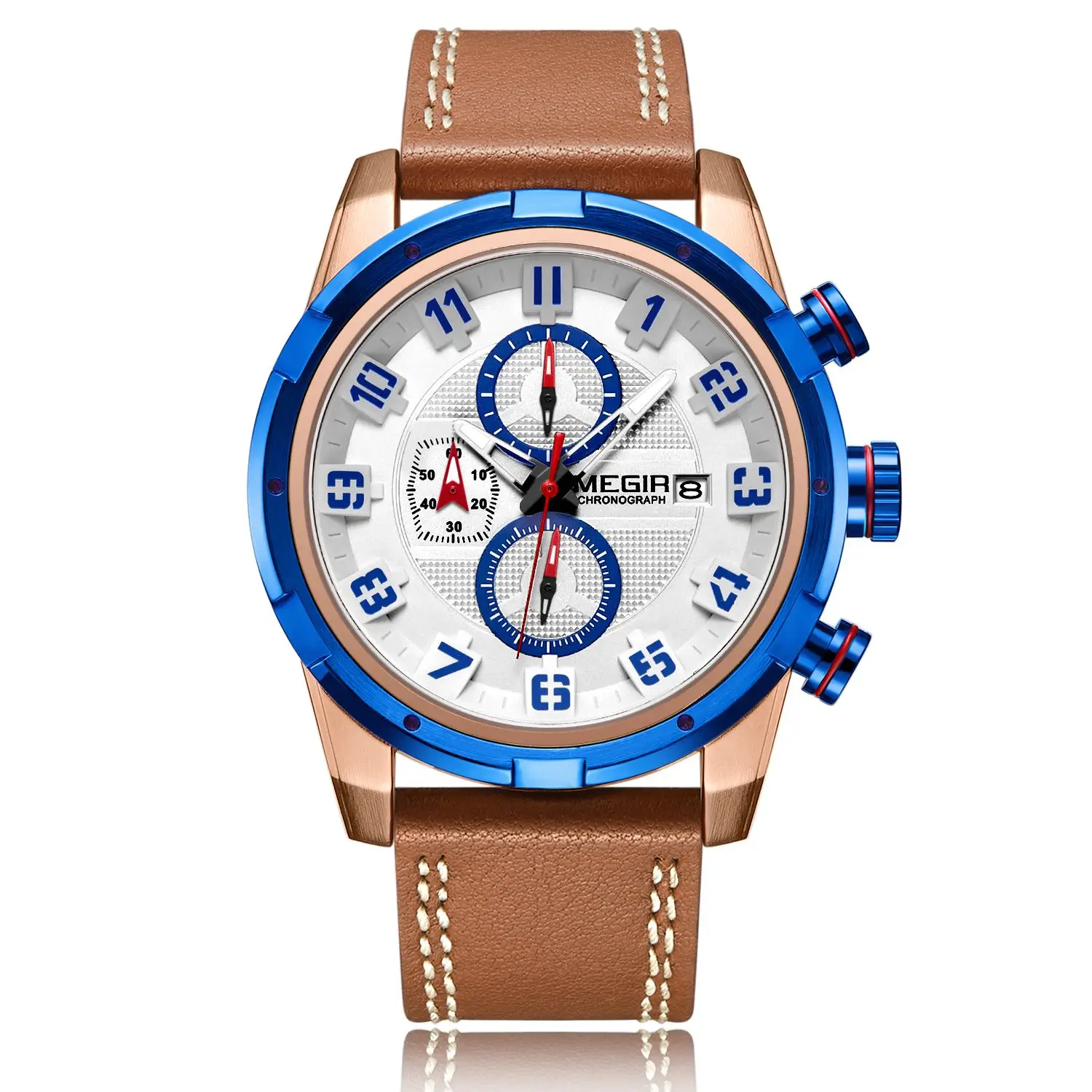 

New Arrivals Fashion Designers MEGIR ML2082 Quartz Watch For Man Chronograph Leather Belt Alloy Case 3ATM Stainless Steel Back
