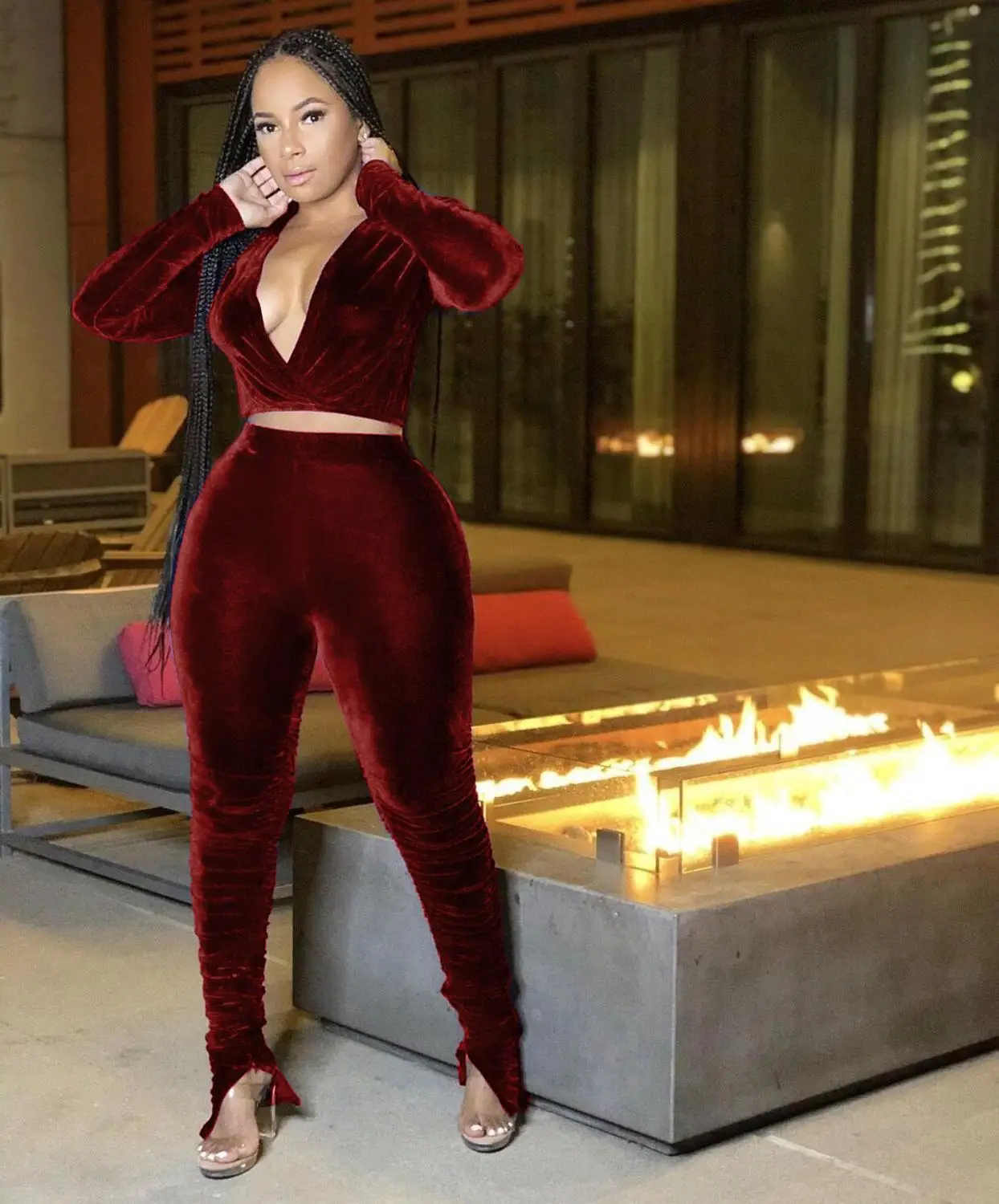

High Quality Velvet Women Tracksuits Autumn Winter Split Stacked Pants Sets + Long Sleeves Cropped Top Two Pieces Outfits New