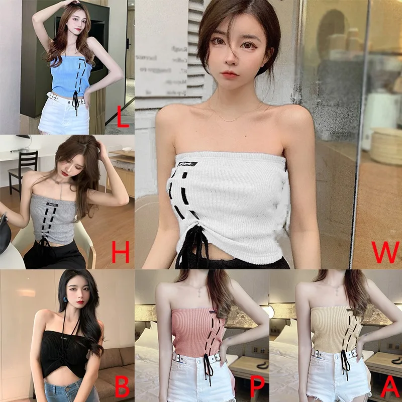 

2021 Summer Fashion Knitted Ladies Bandage Tank Tops Vests for Women Sexy Short Camis Shoulderless Small Suspender