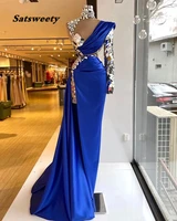 long sparkly evening dresses 2022 single long sleeve high neck crystals royal blue satin side slit formal party gowns