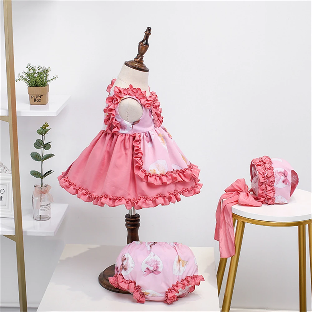 Платье на день рождения для девочек, розовое, винтажное испанское, пушистое с оборками, для торта, с юбкой для новорожденных, на 1-6 лет, на Рождество.