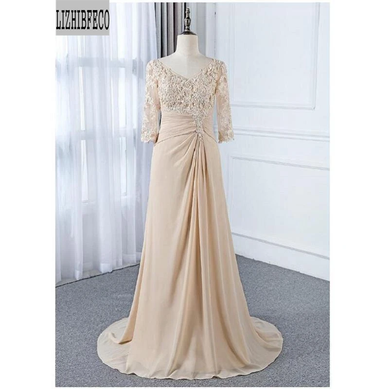 Champagne Chiffon Lace Beading V-Neck Half Sleeves Floor-Length A-line Mother of the bride dress Court Train