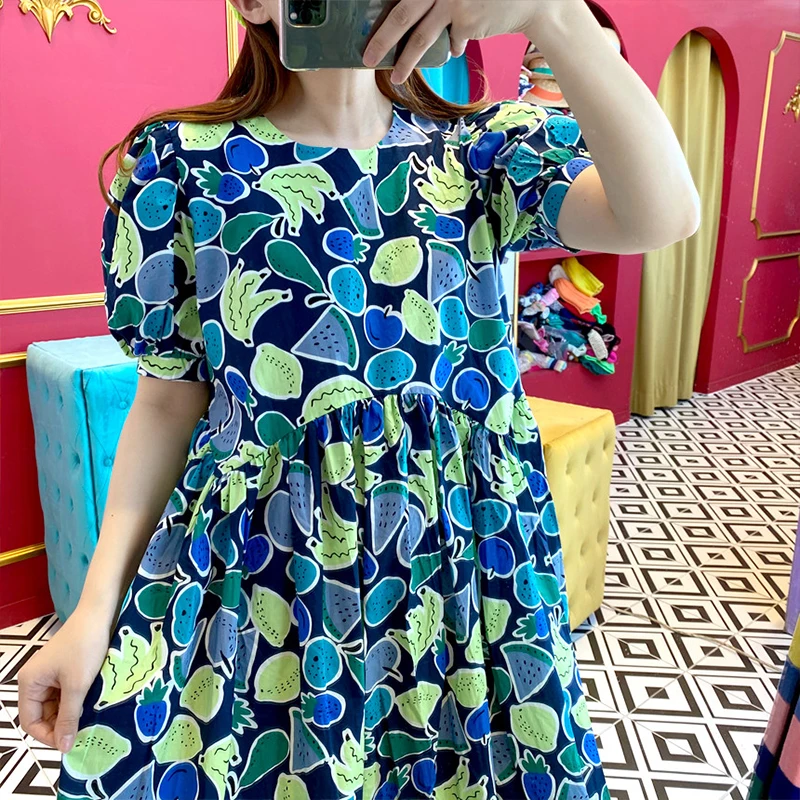 SHENGPALAE 2021 New Summer Women Vintage Loose High Waist Slim Was Thin Elegant Fruit Printing Big Swing Maxi Dress ZA4803 | Женская