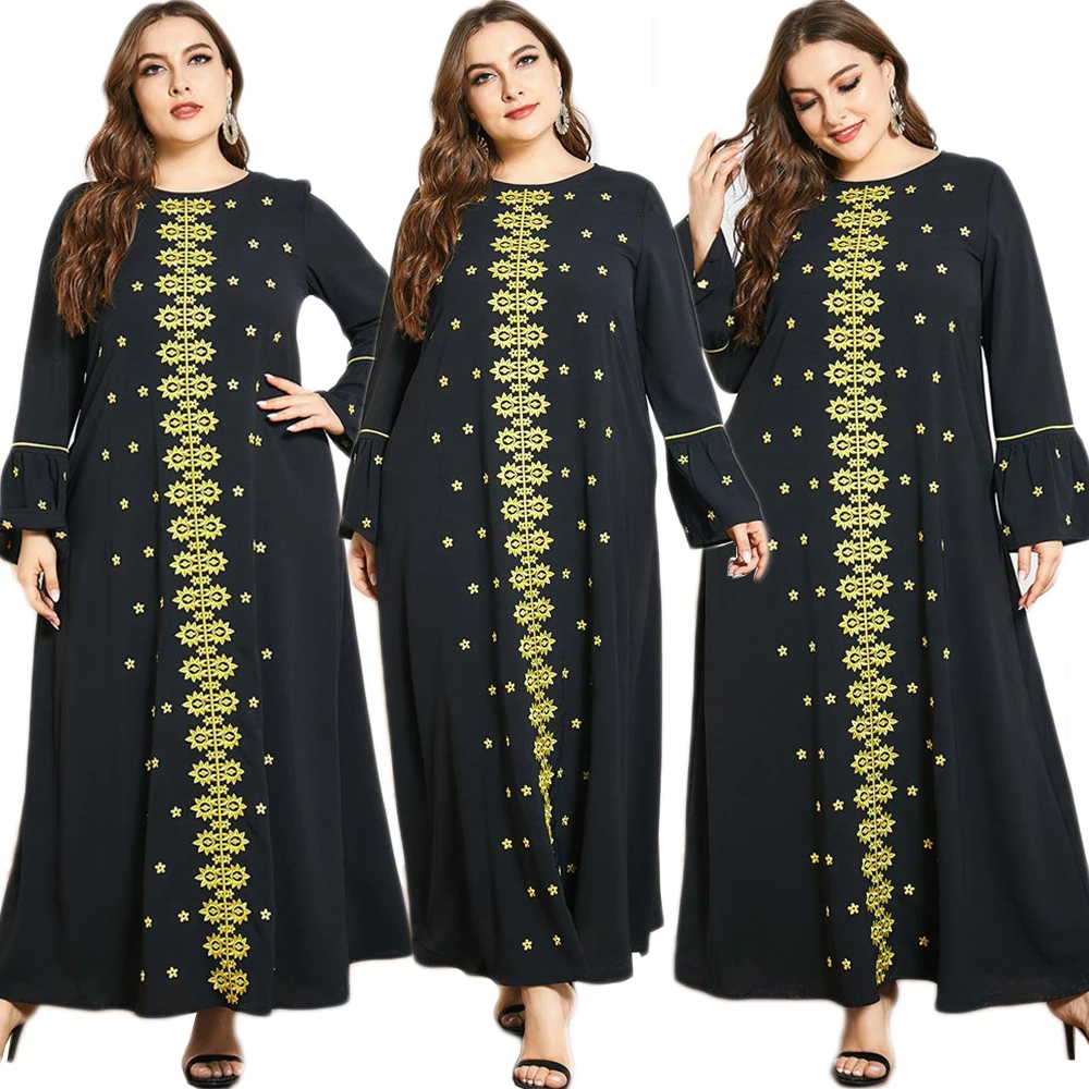 

Plus Size Muslim Women Long Dress Embroidery Arab Abaya Long Sleeve Maxi Robe Gown Middle East Ramadan Islamic O-neck Ethnic New