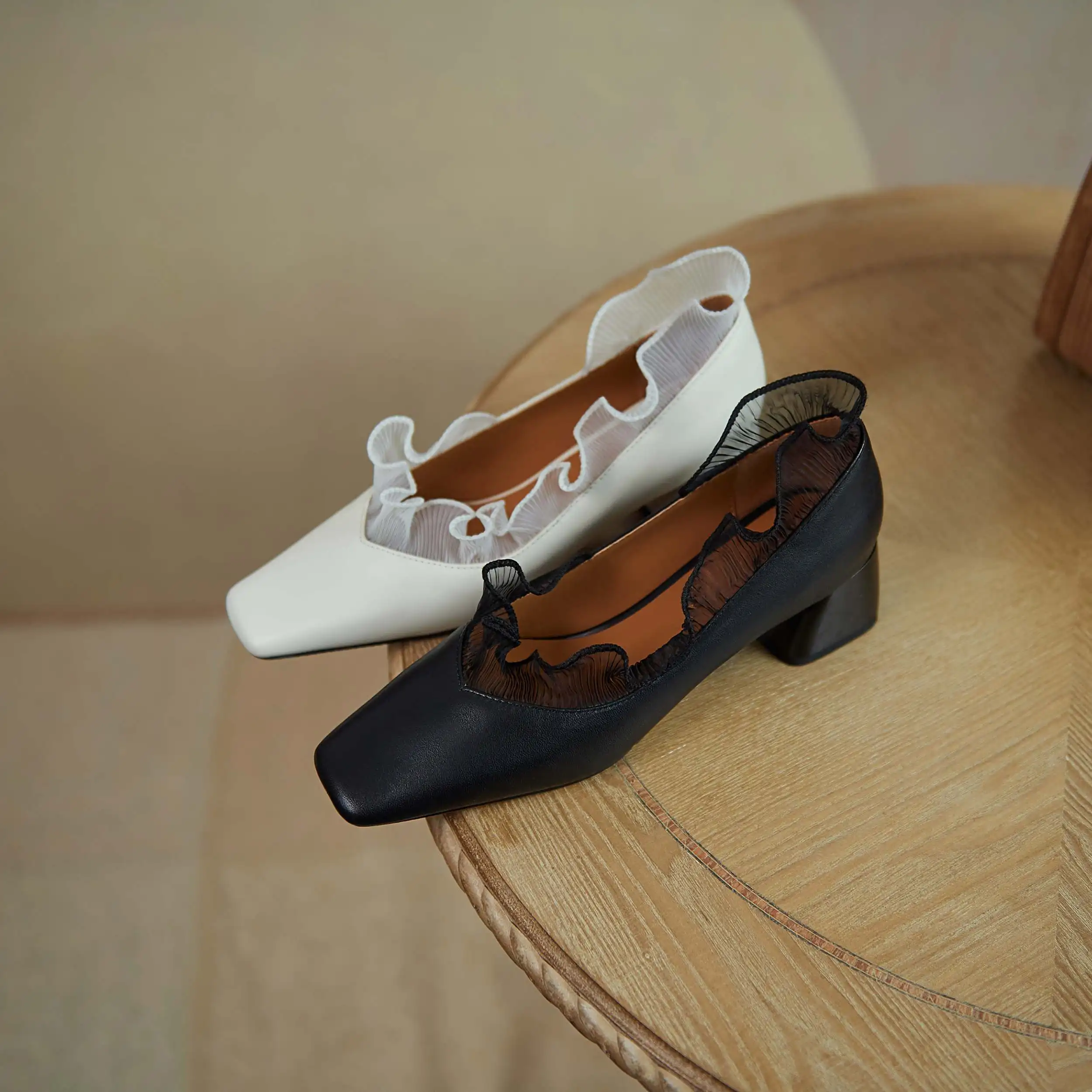 

Krazing Pot french romantic genuine leather ruffles dating modern square toe thick med heel slip on sweet girls women pumps L08