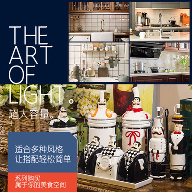 

Creative Chef Character Modeling Ceramics Seasoning Jar Set Ins Spices Storage Box Oiler Restaurant Kitchen Supplies Green