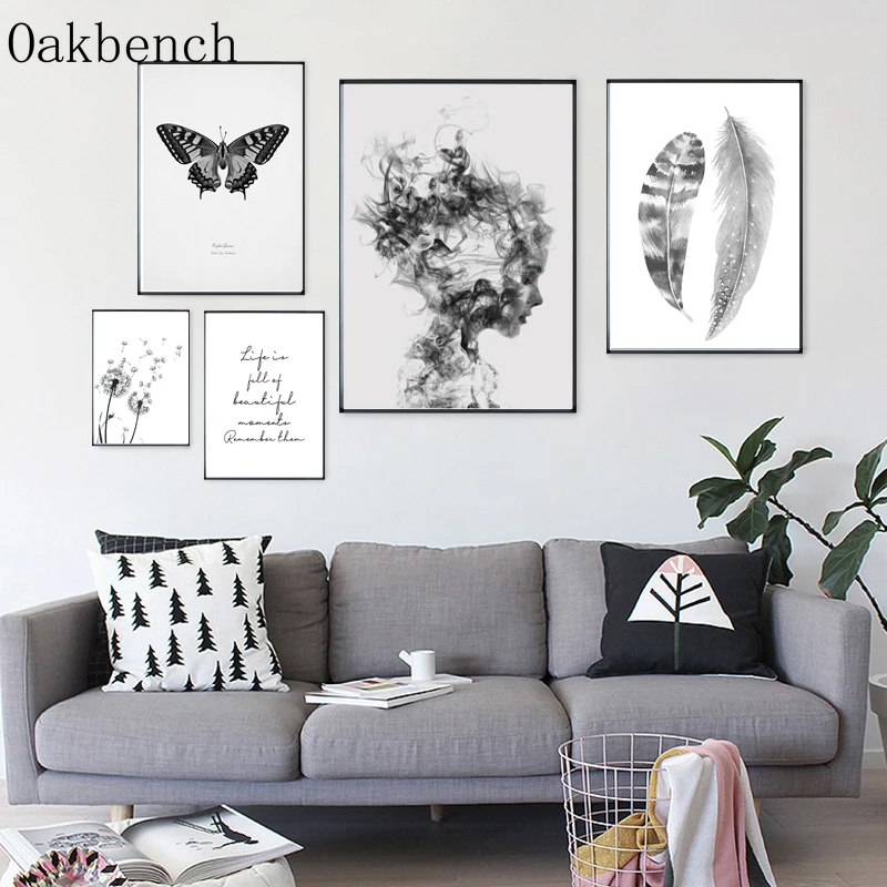 Черно белые картины перо Одуванчик Холст Настенная живопись бабочка постер