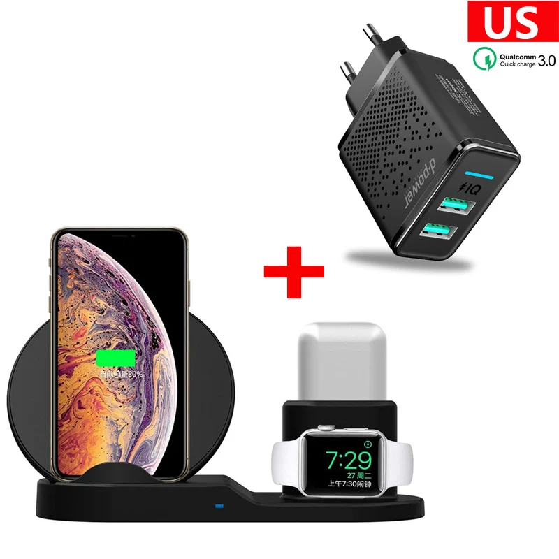 Цвет: желтый QI Беспроводная зарядная подставка для iPhone 8Plus X XS Max XR Беспроводная зарядная док-станция 3 в 1 для Apple AirPods Apple Watch 2 3 4 - Цвет: Цвет: желтый