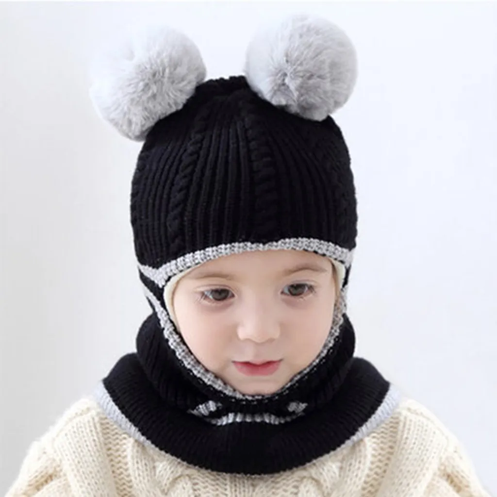 Дети для маленьких мальчиков и девочек шапка с помпоном зимняя теплая вязанная шапочка Кепки; шарф для малышей; вязаная Круглая Шапочка+ шарф Утепленная одежда комплект шапка