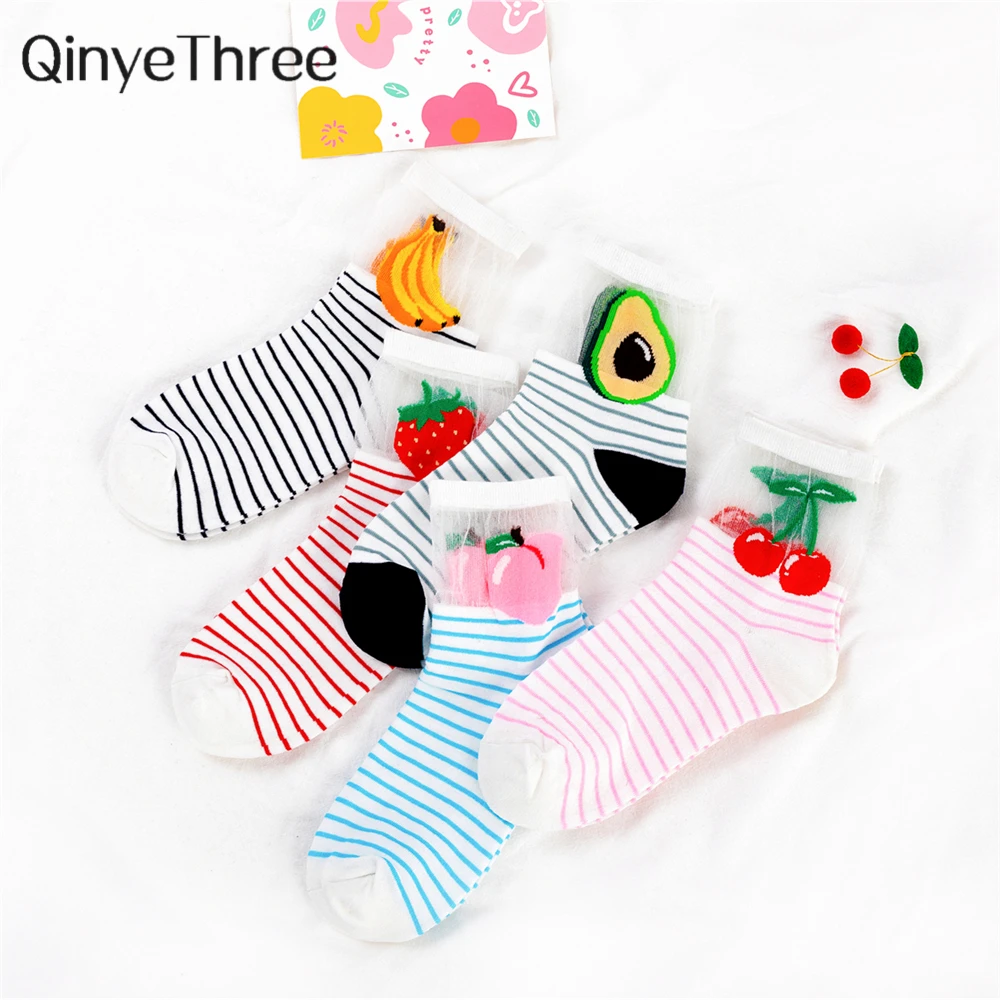 

Women's Happy Funny Cartoon Fruit Ice Silk Splicing Cotton Socks Japanese Korean Avocado Cherry Strawberry Peach Striped Sokken