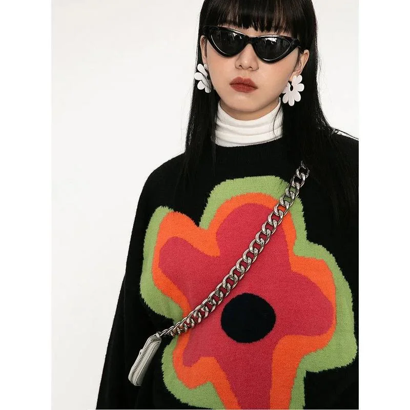 

Женский вязаный пуловер с круглым вырезом, свободный элегантный свитер с большим цветочным дизайном, Осень-зима