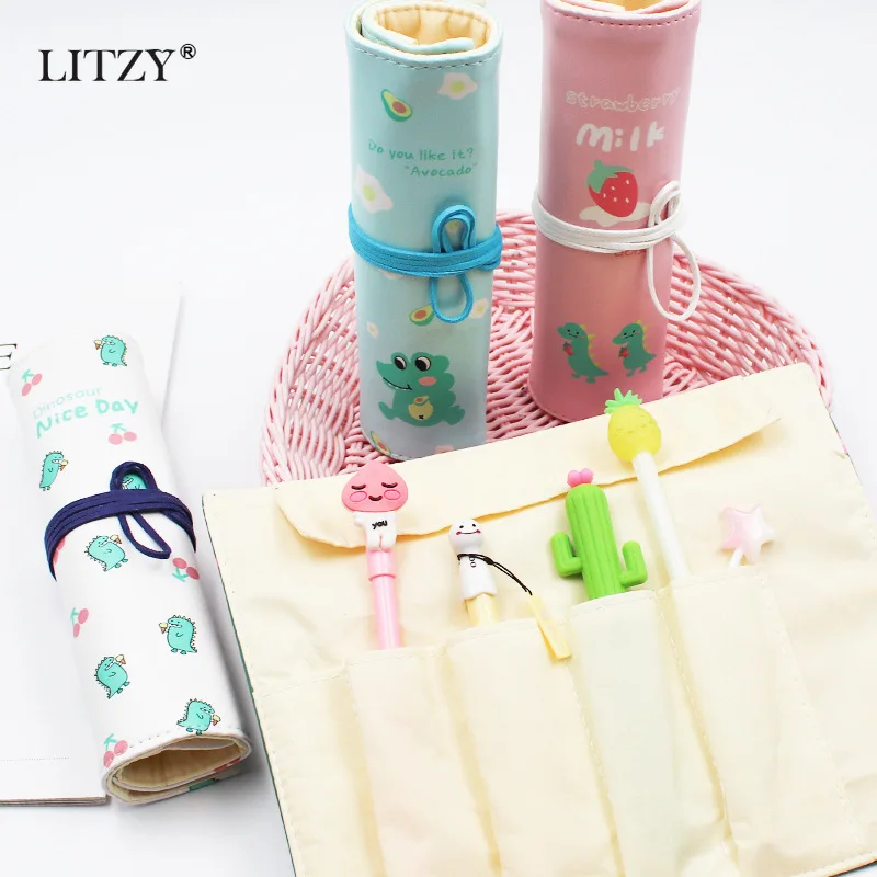 Рулон школьный Карандаш Чехол из искусственной кожи с авокадо ручка динозавром