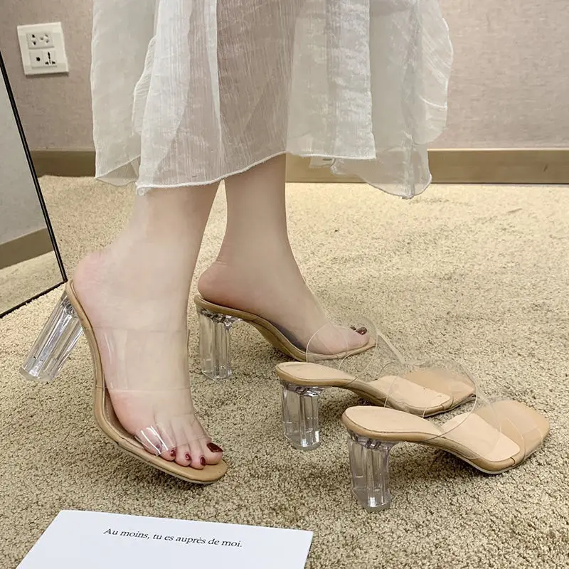 

Ladies Sandals High Heels Crystal Thick Heel Fish Mouth Sexy Thickening Summer Footwear PVC Chunky High Heels Transparent Women'