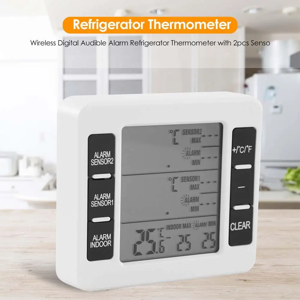 Wireless Digital Audible Alarm Refrigerator Thermometer Cold Storage with 2pcs Sensor For Indoor & Outdoor |