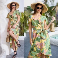 women summer dress slim medium length printed irregular dress casual short sleeve floral printing chiffon beach female dresses
