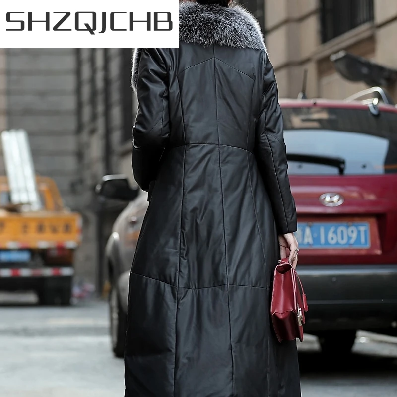 

JCHB 2021 Women Winter Designer Real Fox Fur Collar Down Coat OL Style Elegant Slim Thick Genuine Leather Overcoat Female Pocket