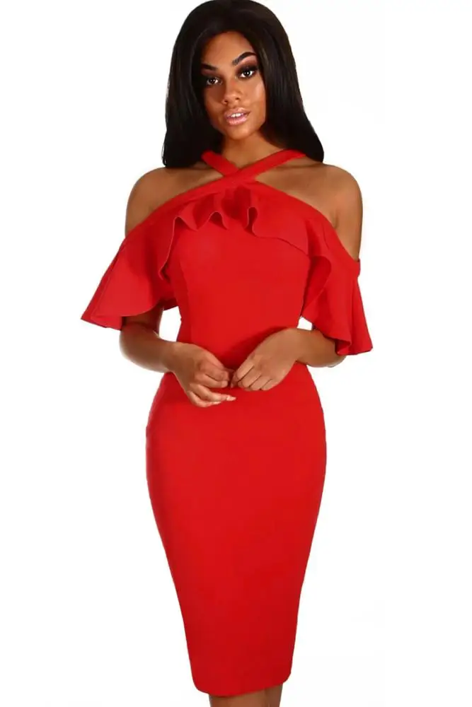 

Wholesale Black Frill Cold Shoulder Bodycon Midi Dress