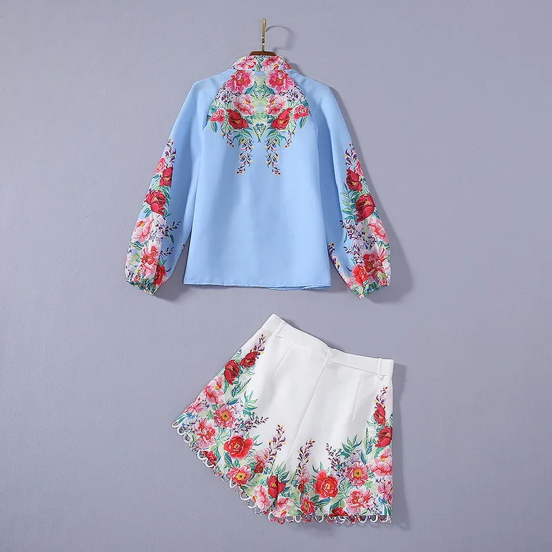 European and American women's clothing 2020 summer new style  Long-sleeved stand collar flower print shirt  Printed shorts  suit