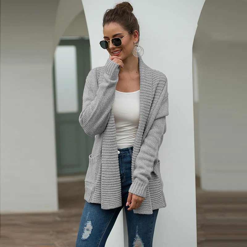 Осенне-зимний толстый вязаный женский свитер кардиган с отложным воротником