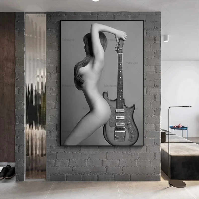 

Modern Nude Art Posters and Prints Wall Art Canvas Painting Sexy Naked Girl with Guitar Pictures For Living Room Home Decor