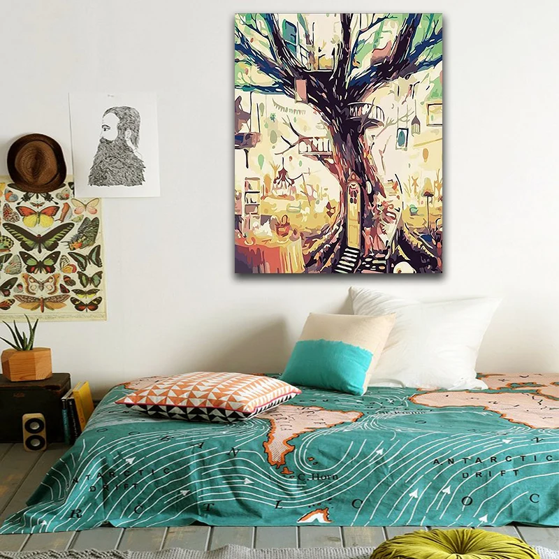 

DIY картинки для раскраски по номерам с цветами домик на дереве в лесу картина Рисование Живопись по номерам Обрамленный домашний холст