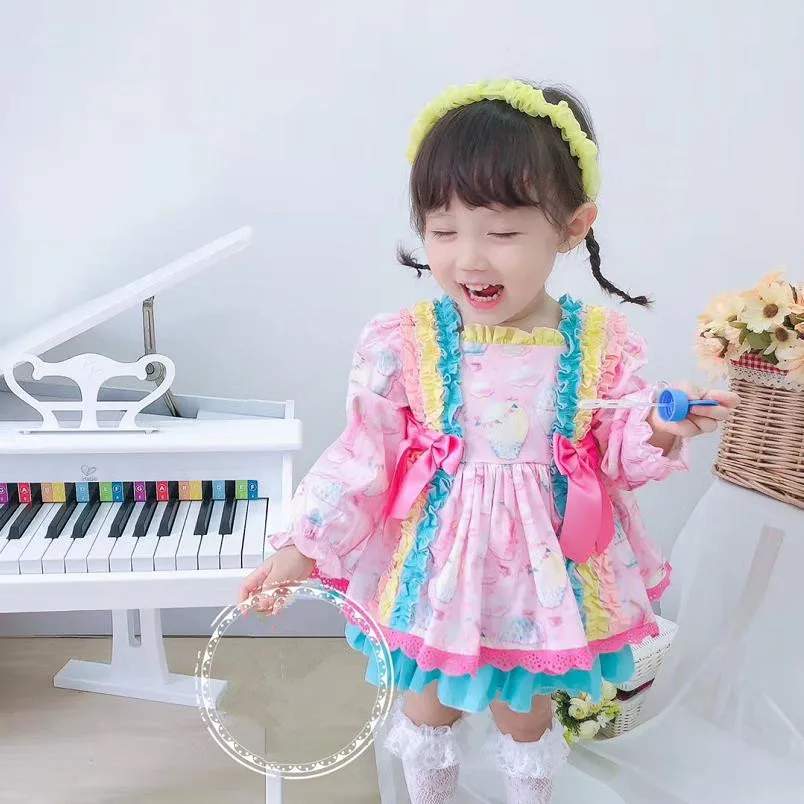 

2PCS Autumn New Spanish Lolita princess dress Lace Print sweet cute Long sleeve dress for girls Kids vintage vestidos Y3241