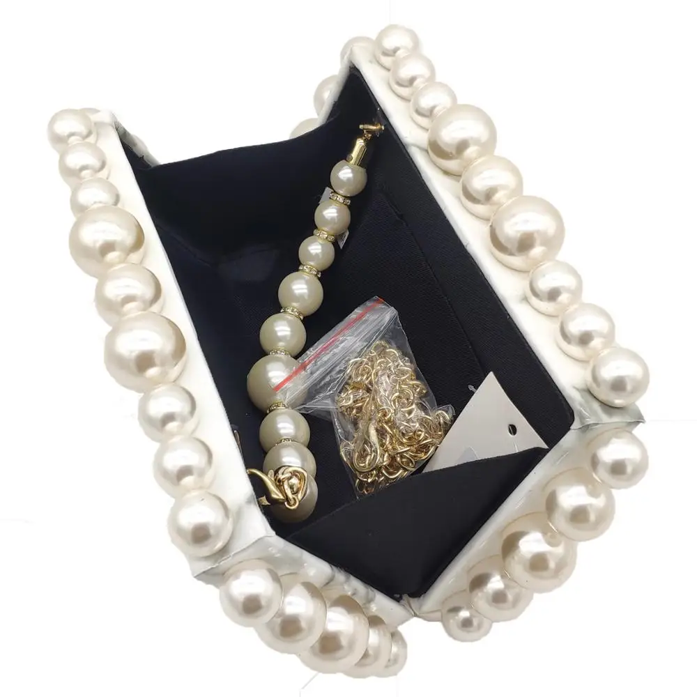 

Double Flower Synthetic Pearl Top-Handle Women PU Leather Box Clutch Evening Handbags Marble Grain Chain Shouler Crossbody Purse