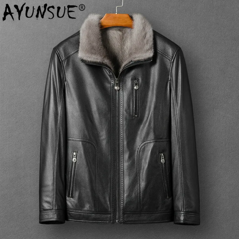 

AYUNSUE натуральная кожаная куртка для мужчин зимние натуральный мех куртка из бычьей кожи натуральный мех норки на подкладке класса люкс мужские кожаные куртки KM-99109 KJ3454