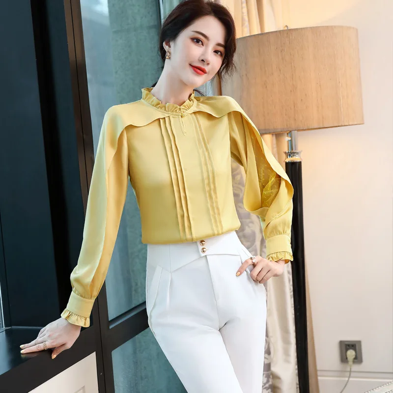 

IZICFLY New Autumn Spring Yellow Appliques Floral Stand Women White Shirt Slim Casual Office Elegant Fashion Korean Blouse Work