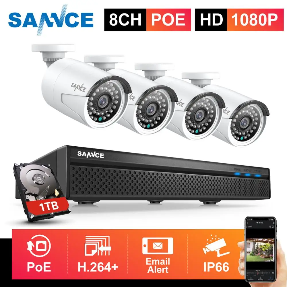 Сетевая камера видеонаблюдения SANNCE 8 каналов 5 МП POE NVR 2 IP инфракрасная ночная