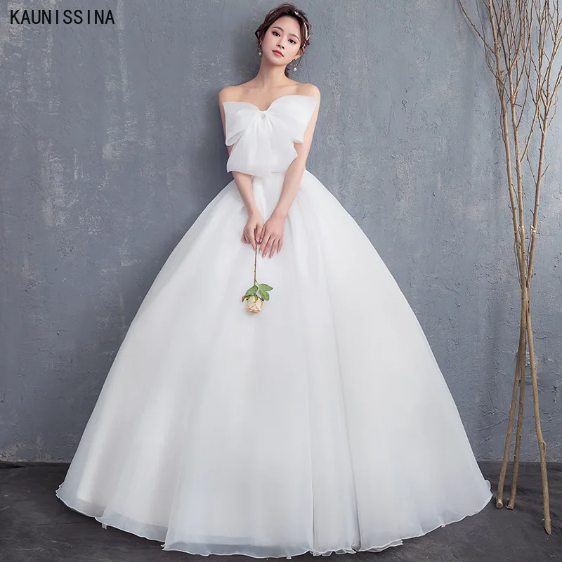 

KAUNISSINA White Vestido De Noiva Strapless Ball Gown Wedding Dresses Simple Floor-Length Bow Custom-made Bridal Mariage Dress