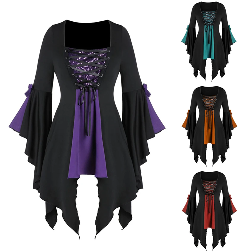 

Woman Medieval Style Blouse Renaissance Viking Pirate Gothic Shirt Halloween Vampire Lotus Sleeve Irregular Bandage Shirts Tops