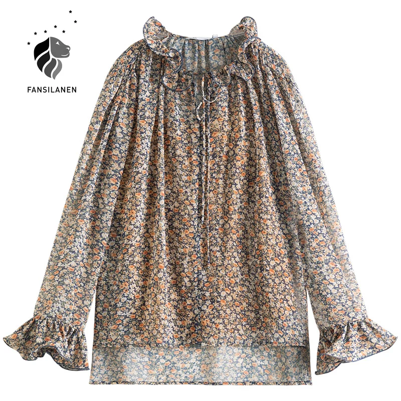 

FANSILANEN Two pieces set floral print chiffon blouse shirt Women ruffle elegant white blouse Spring transparent sexy boho top