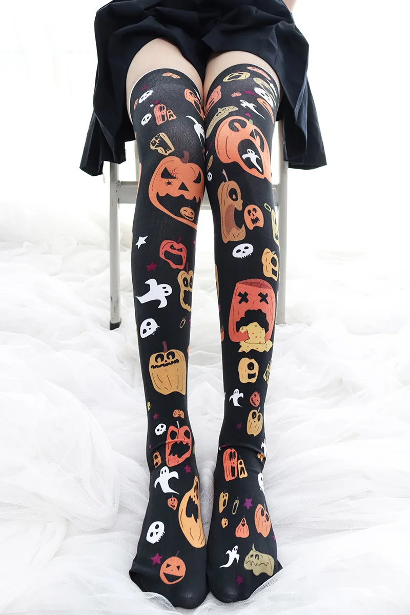 Sexy Kawaii Lolita Halloween Over Knee Socks Anime Thigh High Cow Cosplay Lingerie for Young Women Girls Cute Socks Pumpkin Hot